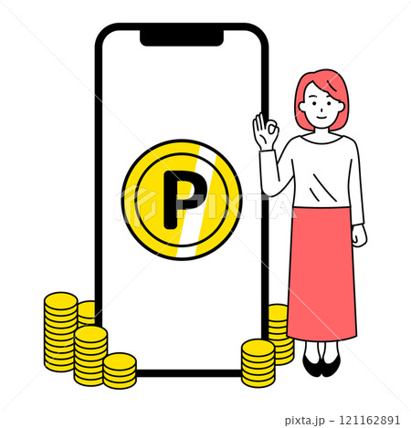 スマートフォンでポイントがたくさん溜まっているカジュアルな女性 121162891