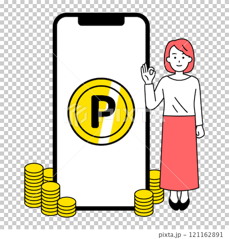 スマートフォンでポイントがたくさん溜まっているカジュアルな女性 121162891