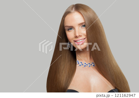 Perfect jewelry woman with long healthy hair wearing glamour jewellery necklace.  121162947
