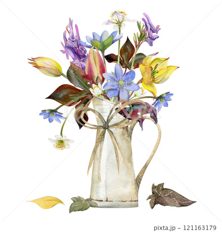 Spring flowers, blue hepatica forget-me-not, white forest anemone, yellow tulip, corydalis orchid in jug vase, hand drawn in watercolor. Bouquet illustration for wedding, florist shop, stationery 121163179