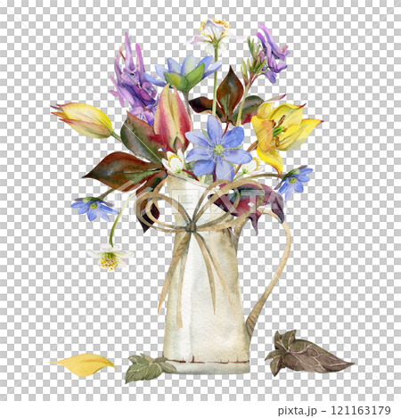 Spring flowers, blue hepatica forget-me-not, white forest anemone, yellow tulip, corydalis orchid in jug vase, hand drawn in watercolor. Bouquet illustration for wedding, florist shop, stationery 121163179