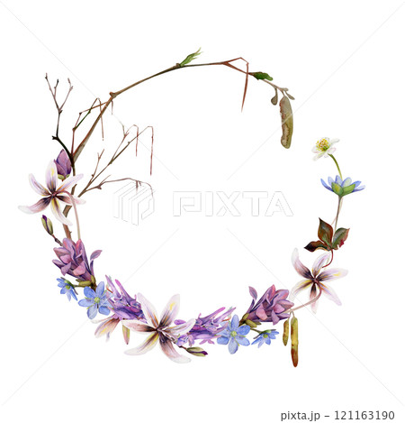 Branch with catkins, spring flowers blue hepatica, magnolia buds, white forest anemone, trout lily, corydalis hand drawn in watercolor. Wreath frame illustration for wedding, florist shop, stationery Branch with catkins, spring flowers blue hepatica, magnolia buds, white forest anemone, trout lily, corydalis hand drawn in watercolor. Wreath frame illustration for wedding, florist shop, stationery 121163190