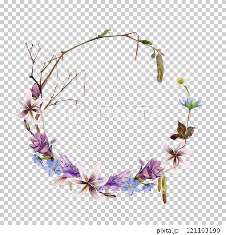 Branch with catkins, spring flowers blue hepatica, magnolia buds, white forest anemone, trout lily, corydalis hand drawn in watercolor. Wreath frame illustration for wedding, florist shop, stationery Branch with catkins, spring flowers blue hepatica, magnolia buds, white forest anemone, trout lily, corydalis hand drawn in watercolor. Wreath frame illustration for wedding, florist shop, stationery 121163190