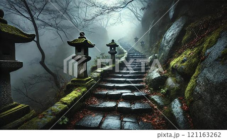 霧に包まれた古代の石段と苔むした灯籠、静寂漂う神秘的な山道 121163262