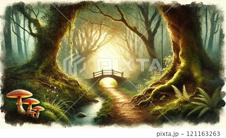 朝陽に照らされた森の小道と古い橋、神秘的な光に包まれた幻想的な風景 121163263