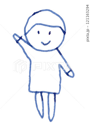 笑顔で正面を向いて立って片手を上げている子供の線画イラスト手書き_万年筆ブルーブラック染料インク 121163294