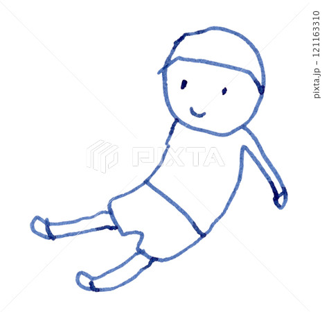 笑顔で床に座り手をつき足を前に投げ出す子どもの線画イラスト手書き_万年筆ブルーブラック染料インク 121163310