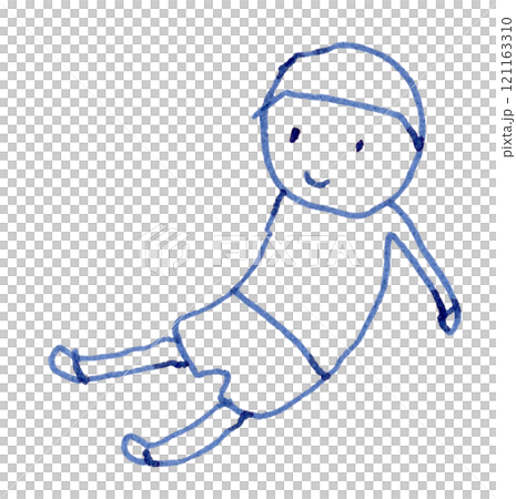 笑顔で床に座り手をつき足を前に投げ出す子どもの線画イラスト手書き_万年筆ブルーブラック染料インク 121163310