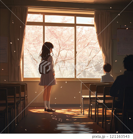 春の陽光と桜が照らす教室の淡い思い出 121163543