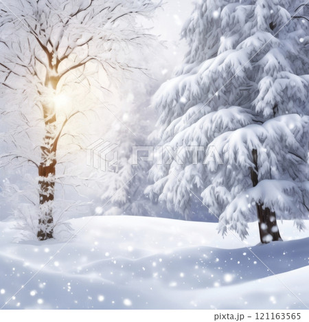 Enchanting winter landscape with snow-covered trees. Bare tree illuminated by soft sunlight, creating magical glow, for holiday card, winter theme, festive background, serene nature scene. Enchanting winter landscape with snow-covered trees. Bare tree illuminated by soft sunlight, creating magical glow, for holiday card, winter theme, festive background, serene nature scene. 121163565