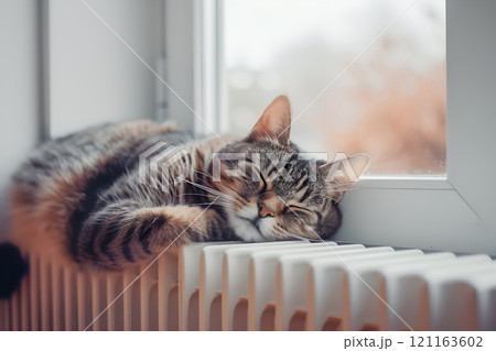 Tabby cat sleeping on a radiator in a modern flat Tabby cat sleeping on a radiator in a modern flat 121163602