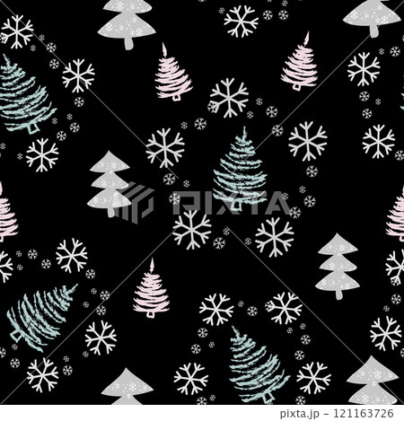 Seamless pattern with Christmas trees and snow. Xmas tree hand drawn, template for new year greeting card or packaging decoration holiday - Vector Seamless pattern with Christmas trees and snow. Xmas tree hand drawn, template for new year greeting card or packaging decoration holiday - Vector 121163726