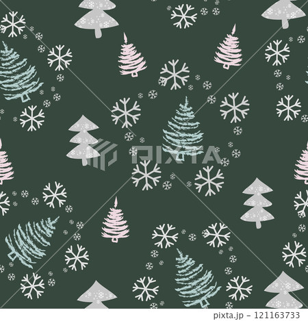 Seamless pattern with Christmas trees and snow. Xmas tree hand drawn, template for new year greeting card or packaging decoration holiday - Vector 121163733
