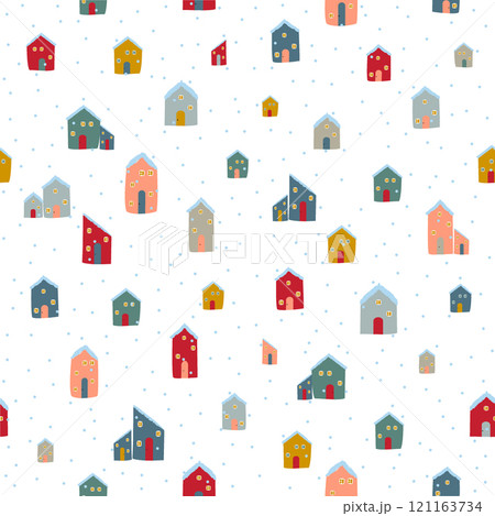 Silhouettes seamless pattern with cute cabins. Hand draw house. Vector 121163734