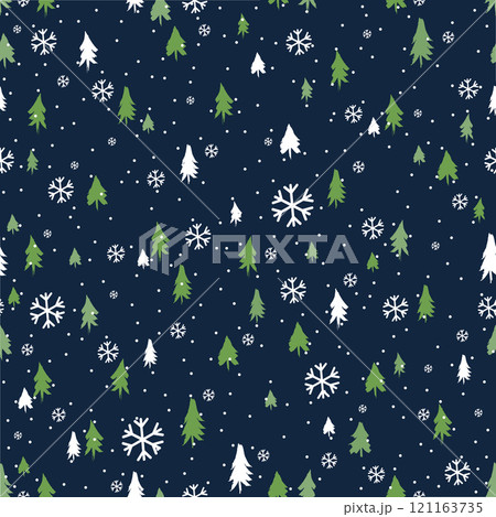 Silhouettes seamless pattern with cute forest. Pine trees, Christmas trees, fir. Vector 121163735