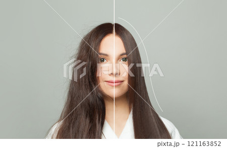 Portrait of a beautiful woman before and after hair straightening 121163852