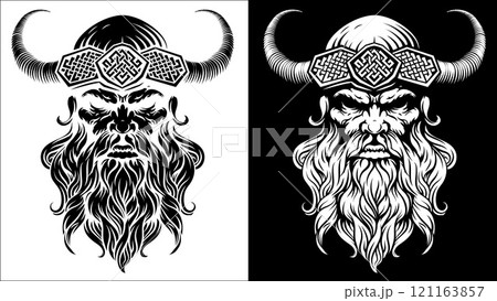 Viking Warrior Man Strong Mascot Face in Helmet 121163857
