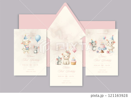 Watercolor Invitation Birthday Template card with animal friends celebrate birthday with cake and gifts. Watercolor Invitation Birthday Template card with animal friends celebrate birthday with cake and gifts. 121163928