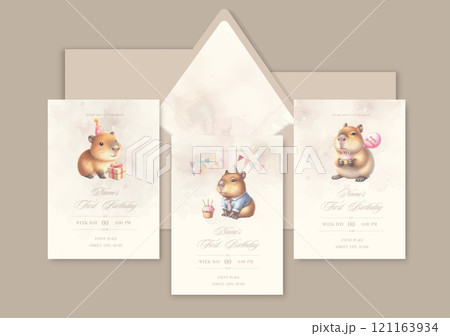 Watercolor Invitation Birthday Template card with animal capybara celebrate birthday with cake and gifts. 121163934