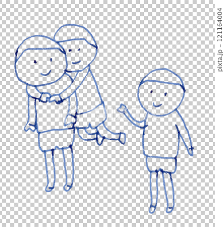 笑顔で仲良さそうな様子の3人の子供の線画イラスト手書き_万年筆ブルーブラック染料インク 笑顔で仲良さそうな様子の3人の子供の線画イラスト手書き_万年筆ブルーブラック染料インク 121164004