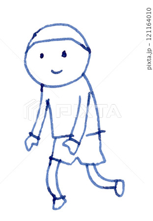 笑顔でそーっと近づく子供の線画イラスト手書き_万年筆ブルーブラック