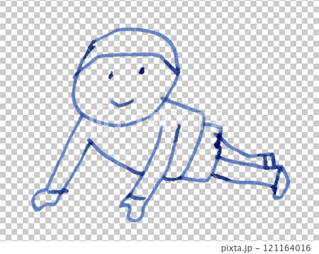 笑顔で両手を床について足を伸ばす子供の線画イラスト手書き_万年筆ブルーブラック染料インク 121164016