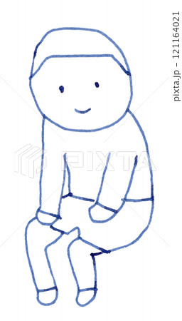 笑顔で座って手を膝に置く子供の線画イラスト手書き_万年筆ブルーブラック染料インク 笑顔で座って手を膝に置く子供の線画イラスト手書き_万年筆ブルーブラック染料インク 121164021