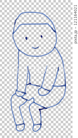 笑顔で座って手を膝に置く子供の線画イラスト手書き_万年筆ブルーブラック染料インク 笑顔で座って手を膝に置く子供の線画イラスト手書き_万年筆ブルーブラック染料インク 121164021