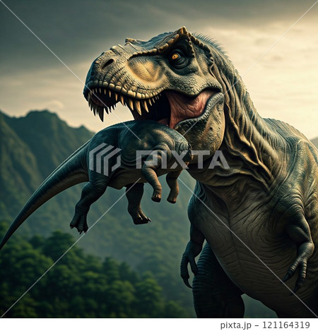 Tyrannosaurus rex with prehistoric landscape. Ai generated. 121164319