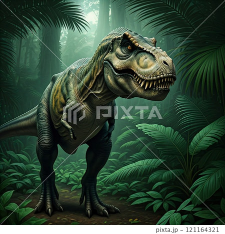 Tyrannosaurus rex with prehistoric landscape. Ai generated. 121164321