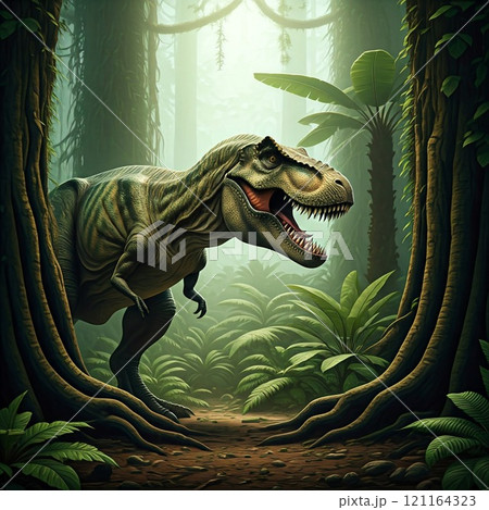 Tyrannosaurus rex with prehistoric landscape. Ai generated. 121164323