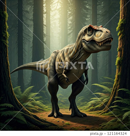 Tyrannosaurus rex with prehistoric landscape. Ai generated. 121164324