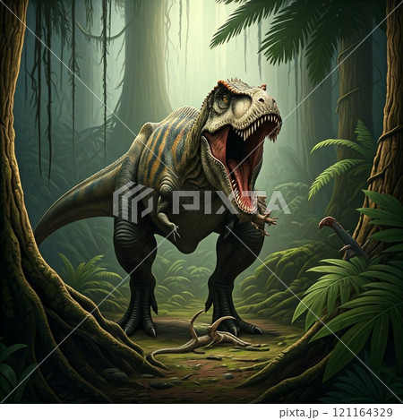 Tyrannosaurus rex with prehistoric landscape. Ai generated. Tyrannosaurus rex with prehistoric landscape. Ai generated. 121164329