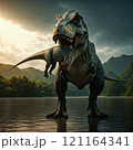 Tyrannosaurus rex with prehistoric landscape. Ai generated. 121164341
