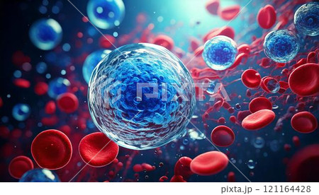 体内の造血幹細胞が赤血球を作るイメージの3DCGイラスト 医療系素材 体内の造血幹細胞が赤血球を作るイメージの3DCGイラスト 医療系素材 121164428