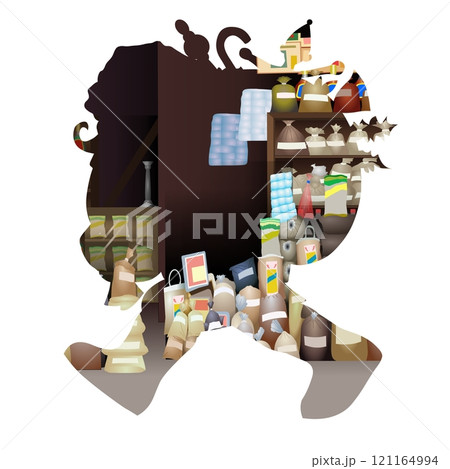 A silhouette reveals a bustling pantry filled with various packaged goods and colorful containers, creating a vibrant and organized display.	 121164994