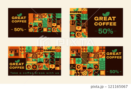 The Bauhaus Coffee cards with seamless patterns, Icons, Abstract Symbols, logo and text in Geometric Vector Art Design for sale, Cafe and Coffee Shops, advertising illustrations, etc 121165067