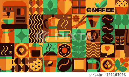 Bauhaus Coffee Pattern with Icons and Abstract Symbols, Beans, Cups, and More in Geometric Vector Art Design for Cafe and Coffee Shops, etc 121165068