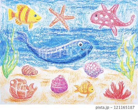 クレヨンで描いた海の生き物イラスト AI画像のイラスト素材 [121165187