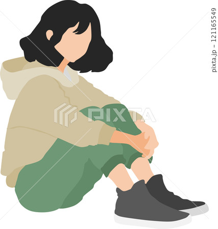 体育座りをしながら考え事をする女性のイラスト 121165549