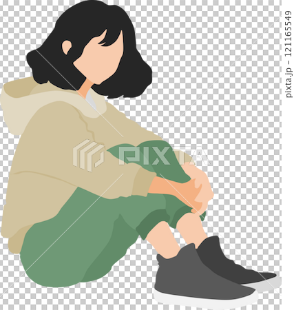 一個女人坐著上體育課思考的插圖 一個女人坐著上體育課思考的插圖 121165549