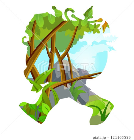 A silhouette of a creature is creatively filled with a vibrant forest scene, featuring lush trees and foliage. Bright greens dominate the image, with a clear blue sky adding a sense of openness. A silhouette of a creature is creatively filled with a vibrant forest scene, featuring lush trees and foliage. Bright greens dominate the image, with a clear blue sky adding a sense of openness. 121165559