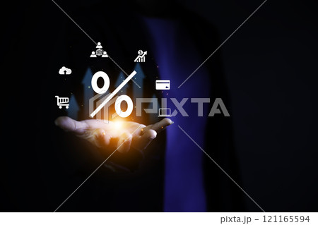 Inflation, interest rates and dividends concept. percentage on hand and there are spending icons around it instead, investment returns, income, retirement Compensation fund, investment, dividend tax. 121165594