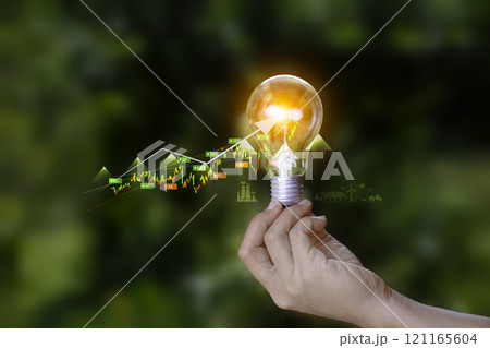 investment in Renewable energy, global warming. natural background light bulb on green leaf. success wealth stock investment. Prosperous stock investment.graph showing green energy growth investment investment in Renewable energy, global warming. natural background light bulb on green leaf. success wealth stock investment. Prosperous stock investment.graph showing green energy growth investment 121165604