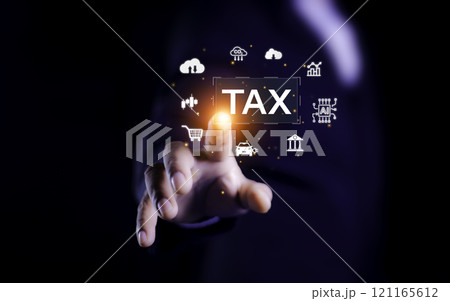 tax concept, Businessman pointing to tax icon and there are spending icons around it instead, investment returns, income, retirement Compensation fund, investment, dividend tax. 121165612