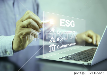 ESG ,Net zero emission Idea innovation concept. Man using laptop analyzing ESG document data. Green energy.  Environmental, social,Governance. weather awareness global climate changes. 121165643