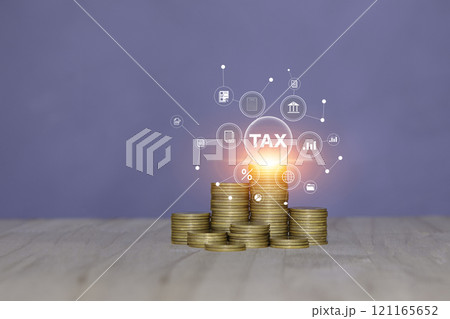 Tax increase concept. tax icon on gold coins. increasing taxes, Pay online income tax. income tax system icon around on wood floor background. Tax increase concept. tax icon on gold coins. increasing taxes, Pay online income tax. income tax system icon around on wood floor background. 121165652