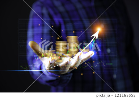 Display stock market charts with stock market investment on hand. Investment growth The growing power of the compound interest. wealth stock investment concept. Display stock market charts with stock market investment on hand. Investment growth The growing power of the compound interest. wealth stock investment concept. 121165655