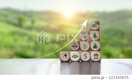 Renewable sustainable green energy icon in wood.Green energy Renewable that is important to the world.Environmental protection, renewable, sustainable. light bulb icon that represents green energy. 121165675