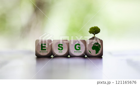 ESG, Renewable energy concept. Icon on wood on green background. ESG icon and Sustainable and renewable green energy icon on wood. Environmental protection. Net zero emissions. Carbon credits. 121165676